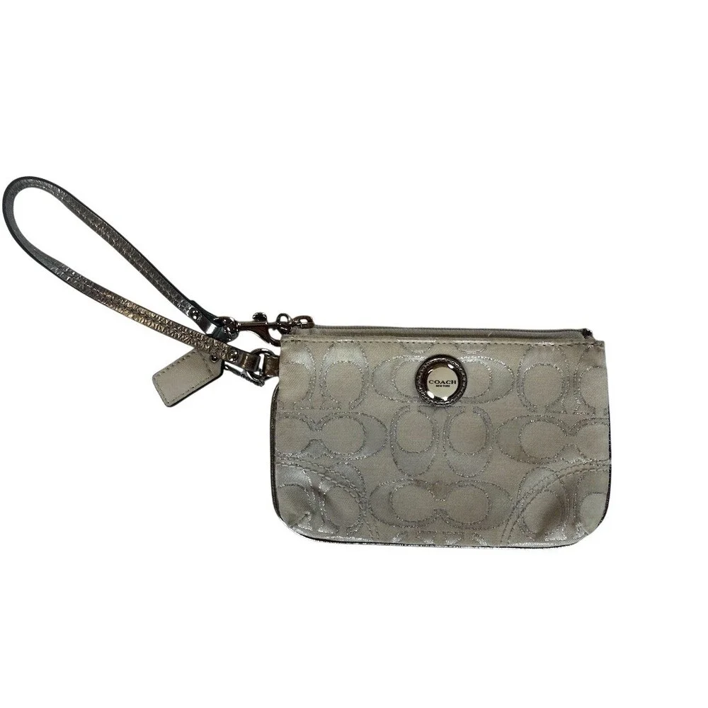 Coach Signature C Wristlet Clutch Cream Khaki Silver Small Zip Pouch Strap